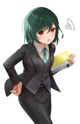 Rule 34 | 1girl, androgynous, black jacket, black pants, collared shirt, formal, green hair, green nails, green necktie, grey vest, hair between eyes, hand on own hip, highres, jacket, kenko (a143016), long sleeves, love live!, love live! nijigasaki high school idol club, medium hair, mifune shioriko, nail polish, necktie, open clothes, open jacket, open mouth, pant suit, pants, print necktie, red eyes, shirt, simple background, solo, straight hair, striped clothes, striped vest, suit, sweatdrop, vertical-striped clothes, vertical-striped vest, vest, white background, white shirt, wing collar