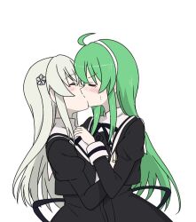 Rule 34 | 2girls, ahoge, assault lily, black ribbon, black skirt, blush, cropped jacket, egawa kusumi, face-to-face, facing another, flower, from side, green hair, grey hair, hair flower, hair ornament, hairband, hand on another&#039;s chest, hand up, high-waist skirt, juliet sleeves, kimassi, kiss, long hair, long sleeves, multiple girls, neck ribbon, profile, puffy sleeves, ribbon, school uniform, sidelocks, simple background, skirt, sweatdrop, tanaka ichi, upper body, v-shaped eyebrows, white background, white hairband, yuri, yurigaoka girls academy school uniform