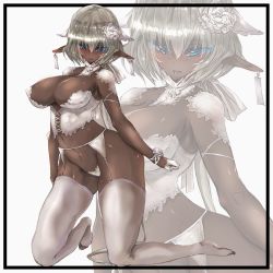 Rule 34 | 1girl, black border, blue eyes, border, breasts, character request, commentary request, dark-skinned female, dark skin, ears visible through hair, gond, hoshizora no babylon, kneeling, large breasts, looking at viewer, multiple views, open mouth, pointy ears, short hair, silver hair, smile, white background, white legwear