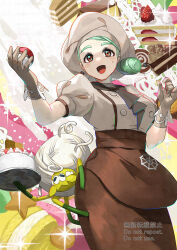 Rule 34 | 1girl, apron, ascot, brown apron, brown eyes, brown skirt, buttons, cake, commentary request, creatures (company), double-breasted, food, fruit, game freak, gloves, green hair, hands up, holding, holding poke ball, katy (pokemon), mole, mole on cheek, nintendo, open mouth, poke ball, poke ball (basic), pokemon, pokemon (creature), pokemon sv, puffy sleeves, shirt, short sleeves, skirt, smile, spider web print, strawberry, tarountula, tongue, waist apron, watermark, yamanashi taiki