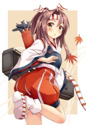 Rule 34 | 10s, 1girl, bow (weapon), brown eyes, brown hair, headband, higejii, highres, japanese clothes, kantai collection, long hair, muneate, open mouth, ponytail, quiver, solo, weapon, zuihou (kancolle)