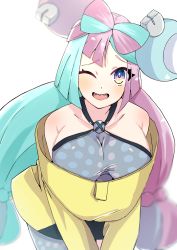 Rule 34 | 1girl, absurdres, aqua hair, bare shoulders, bent over, bow-shaped hair, breasts, character hair ornament, cleavage, collarbone, creatures (company), game freak, gen 1 pokemon, grey pantyhose, grey shirt, hair ornament, hexagon print, highres, ichigo monaka, iono (pokemon), jacket, large breasts, light frown, long hair, long sleeves, looking at viewer, low-tied long hair, magnemite, multicolored eyes, multicolored hair, nintendo, one eye closed, open mouth, oversized clothes, pantyhose, pink eyes, pink hair, pokemon, pokemon sv, sharp teeth, shirt, simple background, single leg pantyhose, sleeveless, sleeveless shirt, solo, split-color hair, teeth, two-tone hair, v arms, white background, x, yellow jacket
