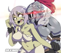 Rule 34 | 10s, 1boy, 1girl, ahoge, armor, breasts, brown eyes, commentary, crossover, crying, dr.kimochi, female goblin, glowing, glowing eye, goblin, goblin slayer, goblin slayer!, grey hair, haruna (tensei shitara slime datta ken), helmet, highres, holding another&#039;s wrist, imminent rape, large breasts, restrained, scared, tears, tensei shitara slime datta ken, wide-eyed, you gonna get raped