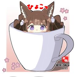 Rule 34 | 1girl, amagi-chan (azur lane), animal ear fluff, animal ears, azur lane, commentary request, cup, eyeshadow, floral background, fox ears, fox girl, fox tail, hair ribbon, in container, in cup, japanese clothes, kitsune, kyuubi, long hair, looking at viewer, makeup, mini person, minigirl, multiple tails, parted bangs, peeking out, red eyeshadow, ribbon, sidelocks, simple background, size difference, solo, tail, taisa (kari), teacup, thick eyebrows, twintails, two-tone background
