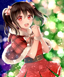 Rule 34 | 10s, 1girl, bad id, bad pixiv id, bow, christmas, hair bow, hair ornament, hair ribbon, highres, hood, kino xx62, looking at viewer, love live!, love live! school idol project, open mouth, own hands together, red eyes, ribbon, santa costume, skirt, sky, solo, standing, star (sky), starry sky, twintails, yazawa nico