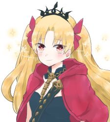 Rule 34 | 1girl, blonde hair, blush, bow, crown, ereshkigal (fate), fate/grand order, fate (series), hair bow, long hair, red bow, solo, twintails, upper body, white background