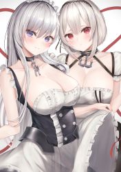 Rule 34 | 2girls, absurdres, anchor choker, azur lane, bad id, bad pixiv id, bare shoulders, belfast (azur lane), black dress, blue eyes, blush, breasts, broken, broken chain, chain, cleavage, closed mouth, clothes lift, collarbone, dress, dress lift, eyelashes, frown, hair between eyes, hair intakes, hairband, hand up, hands up, heart, heart-shaped pupils, highres, huge filesize, lace-trimmed hairband, lace trim, large breasts, lifting own clothes, long hair, looking at viewer, maid, maid headdress, mo (mainiti omoti), multiple girls, short hair, short sleeves, simple background, sirius (azur lane), sleeveless, sleeveless dress, symbol-shaped pupils, tareme, two-tone dress, white background, white dress, white hair