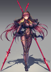 Rule 34 | 1girl, armor, bodysuit, breasts, covered navel, dual wielding, fate/grand order, fate (series), full body, gae bolg (fate), gradient background, hair intakes, highres, holding, holding weapon, large breasts, long hair, looking at viewer, pauldrons, polearm, purple bodysuit, purple hair, red eyes, scathach (fate), shoulder armor, solo, spear, standing, tako seijin, veil, very long hair, weapon