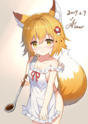 Rule 34 | 1girl, aliter, animal ear fluff, animal ears, apron, bare arms, bare shoulders, blonde hair, blush, breasts, brown background, brown eyes, cleavage, closed mouth, collarbone, dated, flower, fox ears, fox girl, fox tail, frilled apron, frills, gradient background, hair between eyes, hair flower, hair ornament, highres, holding, ladle, looking at viewer, naked apron, red flower, red ribbon, ribbon, ribbon-trimmed apron, ribbon trim, senko (sewayaki kitsune no senko-san), sewayaki kitsune no senko-san, short hair, signature, sketch, small breasts, solo, standing, strap slip, tail, tail raised, white apron, white background