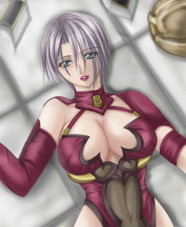 Rule 34 | 1041 (toshikazu), 1girl, blue eyes, breasts, isabella valentine, large breasts, looking at viewer, lying, on back, purple hair, short hair, solo, soul calibur, soulcalibur ii, very short hair