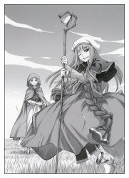 Rule 34 | 2girls, ;d, capelet, cloak, fang, floating hair, greyscale, hat, highres, holding, holding staff, holo, hood, hood up, hooded cloak, koume keito, long hair, long skirt, looking at viewer, monochrome, multiple girls, nora arento, official art, one eye closed, open mouth, outdoors, pants, pants under skirt, shirt, skirt, smile, spice and wolf, staff, standing, very long hair