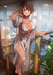 Rule 34 | 1girl, barefoot, blue eyes, blush, breasts, brown hair, cleavage, closed mouth, girls und panzer, highres, indoors, japanese clothes, kimono, large breasts, looking at viewer, megadeko, no bra, no panties, short hair, smile, solo, suzuki (girls und panzer)