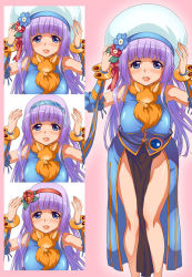 Rule 34 | 1girl, animal, animal around neck, bangle, blue eyes, blue flower, blue hairband, blunt bangs, blush, bracelet, breasts, commentary request, dated commentary, detached sleeves, dress, feet out of frame, flower, fox, hairband, hat, hat flower, jewelry, kawagoe pochi, large breasts, leaning forward, long hair, looking at viewer, open mouth, pelvic curtain, pink background, professor (ragnarok online), purple hair, ragnarok online, red flower, red hairband, sleeveless, sleeveless dress, striped sleeves, white headwear, yellow sleeves