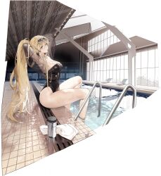 Rule 34 | 1girl, absurdres, adjusting hair, armpits, arms behind head, arms up, artist request, azur lane, bare legs, barefoot, bismarck (azur lane), bismarck zwei (azur lane), bismarck zwei (crystal-clear holiday) (azur lane), black one-piece swimsuit, blonde hair, blue eyes, breasts, casual one-piece swimsuit, cleavage, day, earrings, eyewear on head, from side, full body, hair between eyes, hair tie, hair tie in mouth, hands in hair, highleg, highleg swimsuit, highres, holding, holding own hair, indoors, jacket, jewelry, knee up, large breasts, legs, lens flare, long hair, long sleeves, looking at viewer, looking to the side, mouth hold, necklace, non-web source, official alternate costume, official art, one-piece swimsuit, outdoors, parted lips, ponytail, pool, pool ladder, sidelocks, sitting, soaking feet, solo, sunglasses, sunlight, swimsuit, thighs, tinted eyewear, tying hair, very long hair, water, wet, wet clothes, wet hair, window