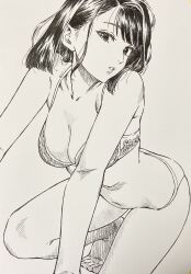 Rule 34 | 1girl, absurdres, all fours, bra, breasts, cleavage, collarbone, crosshatching, hatching (texture), highres, long hair, makki (tobaccos), medium hair, messy hair, monochrome, navel, original, panties, sketch, solo, stomach, toes, traditional media, underwear, white background