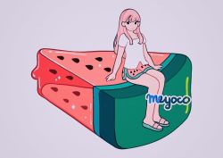 Rule 34 | 1girl, artist name, bad id, bad twitter id, black eyes, expressionless, food, food print, fruit, grey background, long hair, meyoco, no nose, original, pink hair, sandals, shirt, shorts, simple background, sitting, solo, watermelon, watermelon print, watermelon seeds, white shirt, wide shot