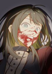 Rule 34 | 1girl, bang dream!, bang dream! it&#039;s mygo!!!!!, black hair, blood, blood on face, blue eyes, commentary request, floating hair, grey background, highres, jacket, long hair, looking at viewer, parted lips, red jacket, shirt, solo, upper body, white shirt, yahata umiri, yui k (yuik48074789)