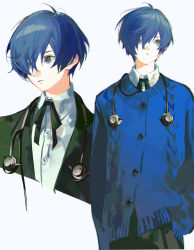 Rule 34 | 1boy, absurdres, ahoge, black skirt, blue cardigan, blue eyes, blue hair, buttons, cardigan, chinese commentary, closed mouth, collared jacket, collared shirt, commentary, gekkoukan high school uniform, green jacket, green ribbon, hair between eyes, hair over one eye, headphones, headphones around neck, highres, jacket, long sleeves, looking to the side, male focus, miyu (shiyemiyu), neck ribbon, open clothes, open jacket, open mouth, persona, persona 3, ribbon, school uniform, shirt, short hair, simple background, skirt, solo, standing, white background, white shirt, yuuki makoto (persona 3)