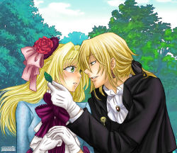 Rule 34 | 00s, 1boy, 1girl, ada vessalius, amarevia, blonde hair, blush, bow, capelet, earrings, formal, frills, gathers, gloves, green eyes, hair ornament, hair ribbon, hand on another&#039;s face, heterochromia, jewelry, long hair, open mouth, pandora hearts, ponytail, ribbon, short hair, smile, tree, vincent nightray, yellow eyes