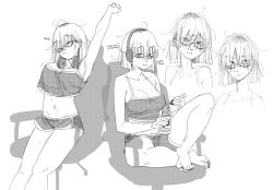 Rule 34 | 1girl, 3:, :i, :|, arm behind head, arm rest, armpit crease, armpits, arms up, bags under eyes, bare arms, bare legs, bare shoulders, blunt ends, bob cut, breasts, camisole, chair, chewing, chopsticks, cleavage, closed eyes, closed mouth, collarbone, crop top, cropped shoulders, crossed ankles, cup ramen, d:, dolphin shorts, eating, facing viewer, feet out of frame, food, from side, full body, furrowed brow, gaming chair, glasses, greyscale, gutalalaman, hair behind ear, hair between eyes, hair over eyes, half-closed eyes, halftone, hand up, head tilt, headphones, headphones around neck, highres, holding, holding chopsticks, holding food, instant ramen, knee up, large breasts, legs, legs together, long bangs, looking ahead, looking at viewer, meme attire, midriff, mole, mole on armpit, mole on breast, mole on cheek, mole on leg, mole on neck, mole on stomach, mole on thigh, mole under mouth, monochrome, motion lines, multiple moles, multiple views, nail polish, narrowed eyes, navel, noodles, on chair, open mouth, original, parted lips, profile, raised eyebrow, ramen, semi-rimless eyewear, short hair, short shorts, shorts, simple background, sitting, sketch, sleeveless, spaghetti strap, speech bubble, steam, stomach, stretching, sweat, swivel chair, thick thighs, thighs, toenail polish, toenails, under-rim eyewear, unkempt, white background