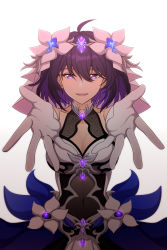 Rule 34 | 1girl, :d, absurdres, antenna hair, bare shoulders, breasts, cleavage, dress, flower, gloves, hair between eyes, hair flower, hair ornament, highres, honkai (series), honkai impact 3rd, kaixuan lushang, looking at viewer, open mouth, outstretched arms, purple eyes, purple hair, seele vollerei, seele vollerei (stygian nymph), short hair, simple background, smile, solo, teeth, white background, white dress, white flower, white gloves