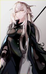 Rule 34 | 1girl, absurdres, arknights, black dress, breasts, brown eyes, cowboy shot, dress, eyebrows hidden by hair, gradient background, grey background, highres, hiyaori (hiyahiyaval), holding, holding staff, horns, jewelry, long hair, looking at viewer, medium breasts, necklace, parted lips, pointy ears, shining (arknights), silver hair, sketch, solo, staff, very long hair
