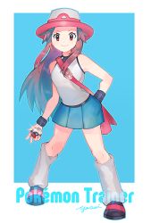 Rule 34 | 1girl, blue skirt, breasts, brown hair, creatures (company), game freak, grey shirt, grey socks, hand in pocket, hat, holding, holding poke ball, kneehighs, leaf (pokemon), long hair, looking at viewer, miniskirt, nintendo, pleated skirt, poke ball, poke ball (basic), pokemon, pokemon frlg, red eyes, shirt, skirt, sleeveless, sleeveless shirt, small breasts, socks, solo, standing, very long hair, wristband, yasaikakiage