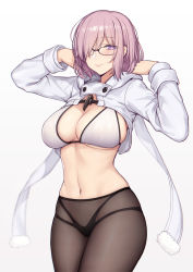 Rule 34 | 1girl, arms up, bikini, blush, breasts, cleavage, closed mouth, cropped jacket, evan yang, fate/grand order, fate (series), glasses, hair over one eye, highres, hip focus, jacket, large breasts, light purple hair, looking at viewer, mash kyrielight, navel, pantyhose, pantyhose over swimsuit, purple eyes, short hair, shrug (clothing), simple background, smile, solo, standing, stomach, swimsuit, thighs, white background, white bikini, white jacket