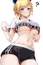 Rule 34 | 1girl, ?, absurdres, alternate costume, black horns, black shorts, blonde hair, blush, breasts, commentary request, contrapposto, cowboy shot, cropped shirt, demon horns, green eyes, heavy breathing, highres, hololive, hololive dance practice uniform, horns, large breasts, looking at viewer, navel, open mouth, oz1n, pointy ears, shirt, short hair, short shorts, short sleeves, shorts, simple background, solo, sweat, thick thighs, thighs, underboob, virtual youtuber, white background, white shirt, yuzuki choco