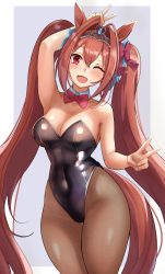 Rule 34 | 1girl, absurdres, alternate costume, animal ears, arm up, bare shoulders, black leotard, blush, bow, bowtie, breasts, brown hair, brown legwear, cleavage, covered navel, cowboy shot, daiwa scarlet (umamusume), detached collar, double v, fang, hair intakes, hand up, highres, horse ears, horse girl, horse tail, large breasts, leotard, looking at viewer, nontraditional playboy bunny, one eye closed, open mouth, red bow, red bowtie, red eyes, skin fang, solo, tail, tiara, twintails, umamusume, v, yami anko
