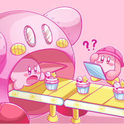 Rule 34 | ?, ??, atsuki (atsuki 427), blush stickers, character food, conveyor belt, cupcake, food, hard hat, helmet, highres, kirby, kirby (series), nintendo, no humans, open mouth, pink background, solid oval eyes, star (symbol), waddle dee