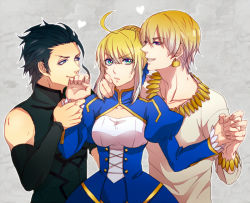 Rule 34 | 1girl, 2boys, ahoge, artoria pendragon (all), artoria pendragon (fate), black hair, blonde hair, blue eyes, bracelet, diarmuid ua duibhne (lancer) (fate), dress, earrings, fate/stay night, fate/zero, fate (series), gilgamesh (fate), green eyes, hair ribbon, heart, holding hands, jewelry, kiss, kissing hand, miri1120, multiple boys, necklace, official alternate costume, puffy sleeves, red eyes, ribbon, saber (fate), short hair, sweatdrop, wavy mouth