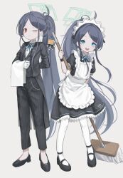 Rule 34 | &lt;key&gt; (blue archive), 2girls, absurdly long hair, absurdres, alternate costume, alternate hairstyle, apron, aris (blue archive), aris (maid) (blue archive), black hair, blue archive, blue eyes, butler, commentary request, female butler, halo, highres, holding, holding mop, long hair, maid, maid apron, maid headdress, mop, multiple girls, official alternate costume, official alternate hairstyle, one eye closed, ponytail, red eyes, simple background, smile, sztxra, teeth, upper teeth only, very long hair, white background