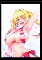 Rule 34 | 1girl, absurdres, arm up, armpits, bare shoulders, bikini, blonde hair, bracelet, breasts, covered erect nipples, earrings, fate/grand order, fate (series), green eyes, hair intakes, halterneck, highres, jewelry, large breasts, long hair, navel, nero claudius (fate), nero claudius (fate) (all), nero claudius (swimsuit caster) (fate), one eye closed, open mouth, page number, scan, side-tie bikini bottom, sidelocks, simple background, smile, solo, striped bikini, striped clothes, swimsuit, try (lsc), twintails