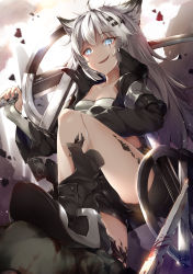 Rule 34 | 1girl, :d, absurdres, animal ear fluff, animal ears, arknights, bandeau, bare legs, black footwear, black jacket, black nails, blood, bloody weapon, blue eyes, boots, commentary request, gloves, hair ornament, hairclip, high collar, highres, holding, holding sword, holding weapon, jacket, lappland (arknights), long hair, long sleeves, looking at viewer, material growth, nail polish, open clothes, open jacket, open mouth, oripathy lesion (arknights), over shoulder, scar, scar across eye, scar on face, silver hair, smile, solo, strapless, sword, thighs, tube top, weapon, weapon over shoulder, white gloves, wolf ears, yuki kawachi