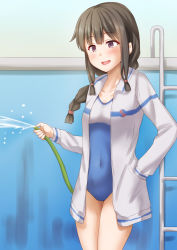 Rule 34 | 1girl, alternate costume, anti (untea9), black hair, blue one-piece swimsuit, braid, braided ponytail, brown eyes, cleaning, collarbone, competition school swimsuit, competition swimsuit, cover, cowboy shot, day, flat chest, hair over shoulder, hand in pocket, high school fleet, highres, hose, jacket, kantai collection, kitakami (kancolle), long hair, long sleeves, looking at another, one-piece swimsuit, open mouth, pool, pool ladder, poolside, school swimsuit, single braid, smile, solo, swimsuit, two-tone swimsuit, water, white jacket, white one-piece swimsuit