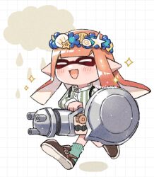 Rule 34 | 1girl, :d, artist name, brown footwear, closed eyes, cloud, commentary request, green socks, grid background, gun, head wreath, highres, holding, holding gun, holding weapon, inkling, inkling girl, inkling player character, long hair, nautilus (splatoon), nintendo, open mouth, orange hair, pointy ears, shina shina, simple background, smile, socks, solo, sparkle, splatoon (series), splatoon 3, tentacle hair, twitter username, walking, weapon, white background