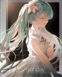 Rule 34 | 1girl, :d, absurdres, aqua hair, black ribbon, border, closed eyes, cowboy shot, dark background, dress, flower, from side, gloves, grey border, hand on own chest, happy birthday, hatsune miku, highres, imamiya pinoko, lily (flower), long hair, neck ribbon, open mouth, outside border, profile, ribbon, ribbon trim, sleeveless, sleeveless dress, smile, solo, twintails, very long hair, vocaloid, white dress, white gloves