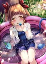 Rule 34 | 1girl, blue one-piece swimsuit, bow, breasts, day, eating, food, frown, glasses, grass, hand fan, highres, hose, idolmaster, idolmaster cinderella girls, ikebukuro akiha, looking at viewer, one-piece swimsuit, outdoors, pink-framed eyewear, pool, popsicle, red bow, rubber duck, semi-rimless eyewear, shirt, short hair, short twintails, small breasts, solo, swimsuit, twintails, under-rim eyewear, unowenf, water, wet, wet clothes, white shirt