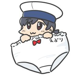 Rule 34 | 1girl, :3, black hair, bow, bow panties, brown eyes, ferret-san, hat, hiburi (kancolle), holding, holding clothes, holding panties, holding underwear, kantai collection, low ponytail, oversized object, panties, sailor hat, short hair, simple background, smile, solo, underwear, white hat, white panties