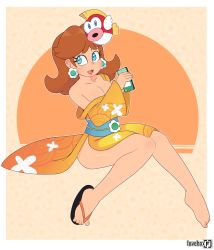 Rule 34 | 1girl, blue eyes, breasts, brown hair, cheep cheep, cleavage, earrings, flower earrings, full body, hand up, highres, japanese clothes, jewelry, kimono, large breasts, legs, lipstick, looking at viewer, loveboxf, makeup, mario (series), mario kart, mario kart tour, mask, nintendo, princess daisy, shiny skin, smile, thighs, tomboy