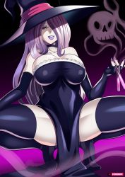 Rule 34 | 1girl, bare shoulders, breasts, choker, cleavage, dress, elbow gloves, finger gloves, gloves, hair over one eye, high heels, highres, large breasts, lipstick, little witch academia, long hair, looking at viewer, makeup, mature female, parted lips, purple hair, red eyes, solo, squatting, steve chopz, sucy manbavaran, thighhighs, wicth hat