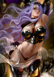 Rule 34 | 1girl, arm up, armor, armpits, artist name, bikini armor, black panties, black thighhighs, breasts, camilla (fire emblem), cleavage, cropped legs, elbow gloves, fire emblem, fire emblem fates, gloves, greaves, hair over one eye, large breasts, long hair, looking at viewer, navel, nintendo, panties, panty pull, parted lips, pelvic curtain, pinup (style), purple eyes, purple hair, signature, solo, stomach, thigh gap, thighhighs, thighs, thong, tiara, toned, underwear, very long hair, wavy hair, zumi (zumidraws)