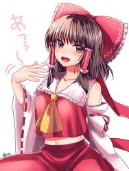 Rule 34 | &gt;:o, 1girl, 8931ponzu, :o, ascot, black eyes, black hair, blush, bow, detached sleeves, fanning face, frilled shirt collar, frills, hair bow, hair tubes, hakurei reimu, long hair, looking at viewer, navel, nontraditional miko, open mouth, red bow, red shirt, red skirt, ribbon-trimmed sleeves, ribbon trim, shirt, skirt, skirt set, sleeveless, sleeveless shirt, solo, sweat, touhou, upper body, v-shaped eyebrows, wide sleeves