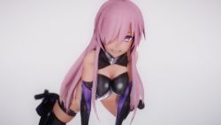 Rule 34 | 1girl, 3d, alternate hair length, alternate hairstyle, bad id, bad twitter id, bare shoulders, black gloves, black legwear, black leotard, breasts, cleavage, cleavage cutout, clothing cutout, elbow gloves, fate/grand order, fate (series), gloves, hair over one eye, highres, large breasts, leotard, light purple hair, long hair, looking at viewer, mash kyrielight, mmn (no tepad), navel, navel cutout, purple eyes, purple hair, shiny clothes, solo, thigh strap
