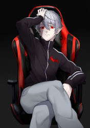 Rule 34 | 1boy, absurdres, arm up, black background, black jacket, blush, chair, closed mouth, commentary, crossed legs, feet out of frame, gaming chair, ginopi, glowing, glowing eyes, grey pants, hair between eyes, hand in own hair, highres, jacket, kuzuha (nijisanji), long sleeves, looking at viewer, male focus, mole, mole under eye, nijisanji, office chair, on chair, pants, pointy ears, red eyes, simple background, sitting, solo, sweatpants, swivel chair, virtual youtuber