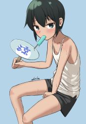 Rule 34 | 1girl, akts625, bare shoulders, between legs, black shorts, blue background, blush, breasts, collarbone, commentary, fanning self, feet out of frame, food, food in mouth, green eyes, green hair, hand between legs, hand fan, highres, hot, kino (kino no tabi), kino no tabi, looking at viewer, mouth hold, nervous sweating, on bench, paper fan, popsicle, romaji commentary, short hair, short shorts, shorts, simple background, sitting, small breasts, solo, sweat, tank top, tomboy, uchiwa, very short hair, white tank top