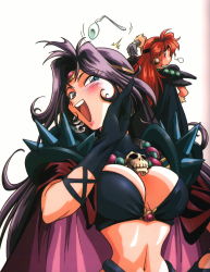Rule 34 | 1990s (style), 2girls, araizumi rui, breasts, cleavage, gloves, hair intakes, highres, jewelry, large breasts, laughing, lina inverse, long hair, midriff, multiple girls, naga the serpent, necklace, ojou-sama pose, purple hair, retro artstyle, slayers, spikes, spoon
