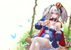 Rule 34 | 1girl, akashiro yulice, azur lane, bird, bird on hand, black ribbon, blue bird, blue cape, blue dress, breasts, bug, butterfly, cape, cleavage, crossed legs, day, detached sleeves, dress, grey hair, hair ribbon, highres, insect, joffre (azur lane), joffre (ensorcelled snow white) (azur lane), long hair, looking at viewer, medium breasts, official alternate costume, open mouth, outdoors, pink eyes, red cape, ribbon, scrunchie, sitting, solo, spaghetti strap, swing, thighhighs, twintails, white thighhighs, wrist scrunchie