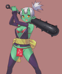 Rule 34 | 1girl, :o, bad id, bad pixiv id, breasts, cleavage, club, club (weapon), colored skin, detached sleeves, green skin, hashi, horns, kanabou, monster girl, obi, oni, open mouth, original, pointy ears, sash, solo, spread legs, thighhighs, weapon, white hair, yellow eyes